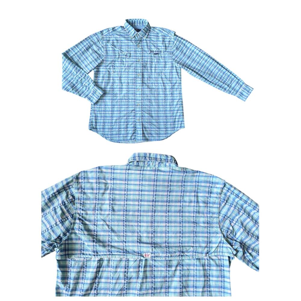Vineyard Vines Button Down Harbor Performance Shirt M Blue Plaid Coastal Fishing